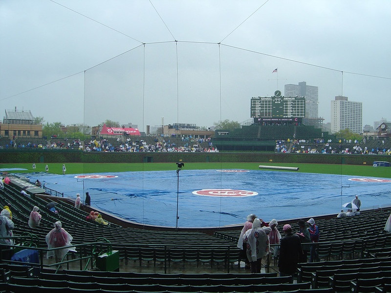 Photo of a rain delay at Wrigley Field. Home of the Chicago Cubs.
