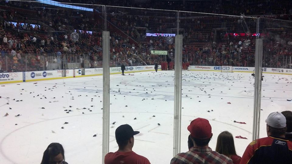 Photo of rats that have been thrown onto the ice at the BB&T Center during a Florida Panthers game.