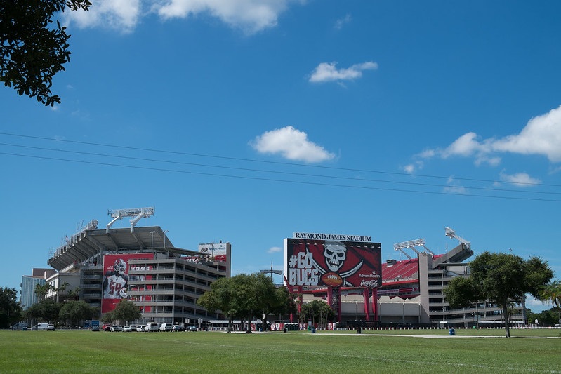 Exterior photo of Raymond James Stadium. Home of the Tampa Bay Buccaneers.