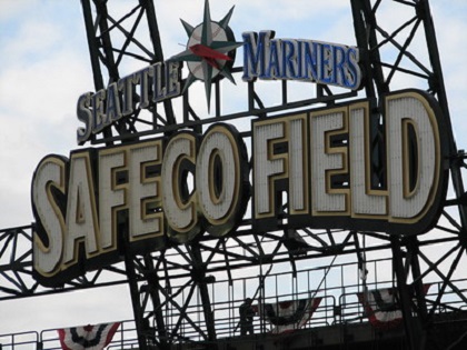 Photo of the large Safeco Field sign at Safeco Field in Seattle, Washington.