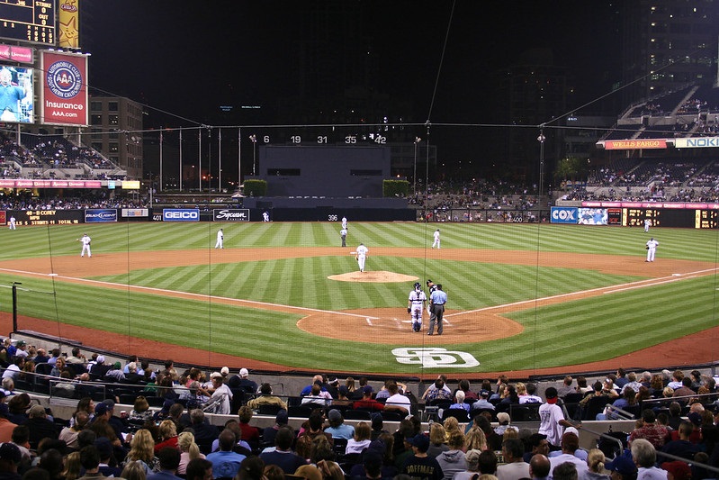 Photo of seats behind home plate at Petco Park during a San Diego Padres game.