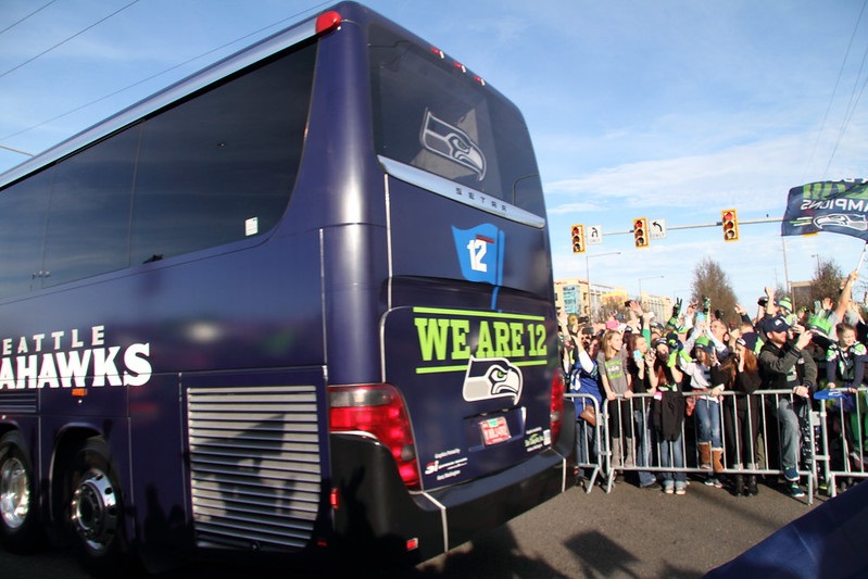 Photo of the Seattle Seahawks team bus outside of an NFL stadium.