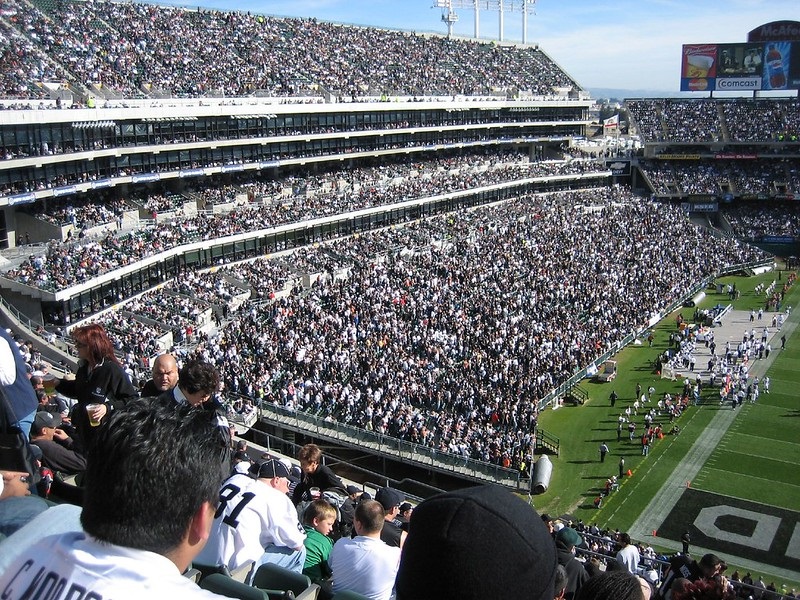 Photo of a sold out Oakland Raiders game at Oakland Coliseum.