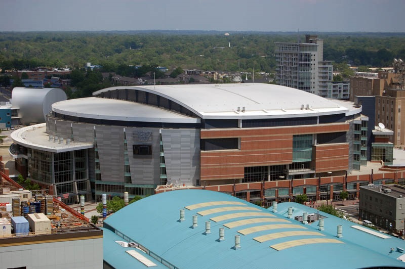 Aerial photo of the Spectrum Center. Home of the Charlotte Hornets.