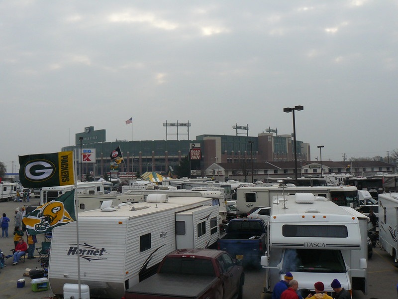 Photo of Green Bay Packers fans tailgating at Lambeau Field before a Packers home game.