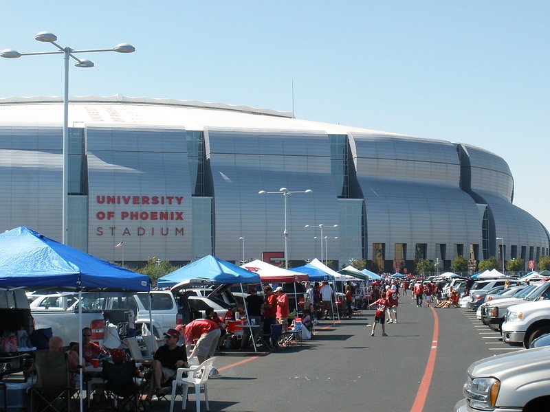 Photo of Arizona Cardinals fans tailgating outside of University of Phoenix Stadium in Glendale, Arizona.