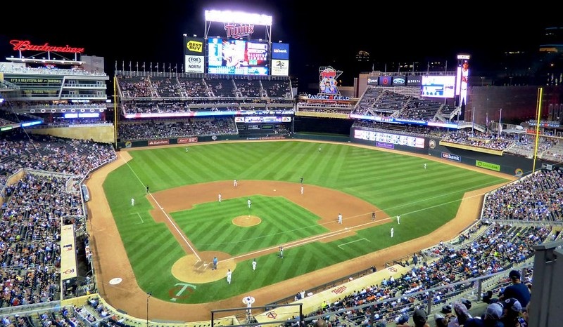 Photo of the playing field at Target Field during a Minnesota Twins night game.
