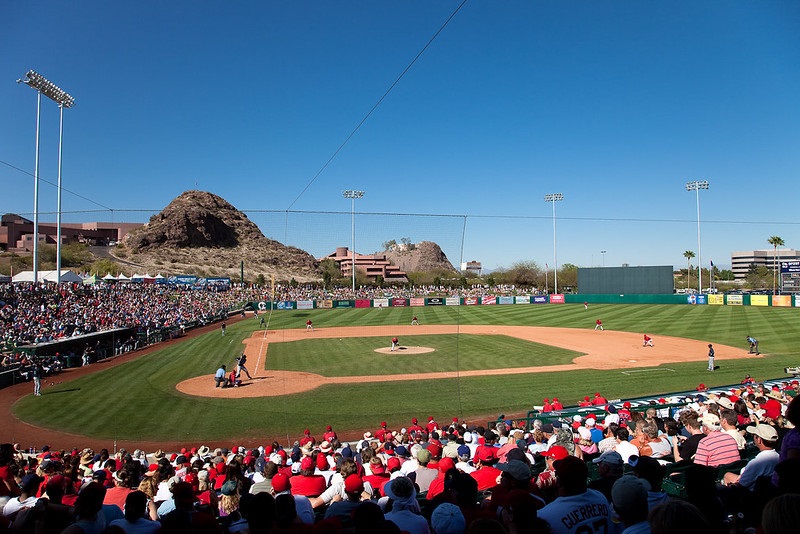 Photo of the playing field at Tempe Diablo Stadium in Tempe, Arizona.