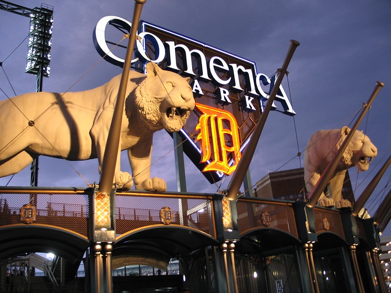 Photo of the large tiger statues outside of Comerica Park. Home of the Detroit Tigers.