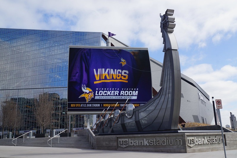 Exterior photo of U.S. Bank Stadium, home of the Minnesota Vikings.