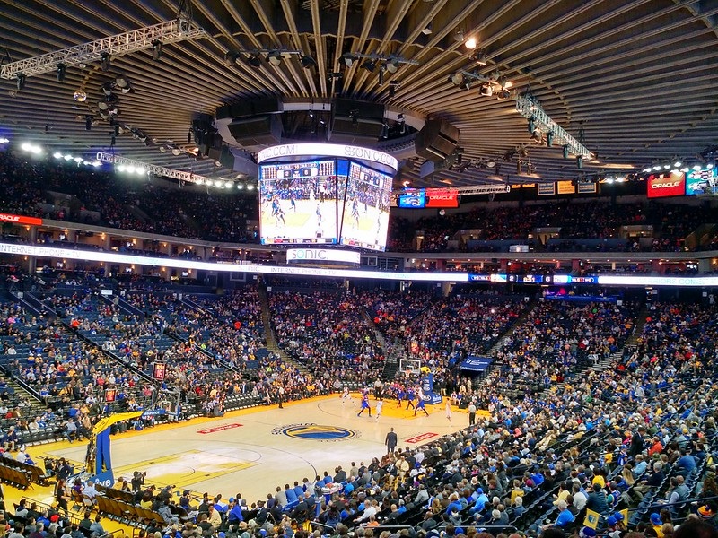 Photo taken from the lower level of Oracle Arena during a Golden State Warriors game.