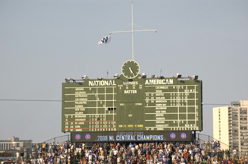 Photo of the W flag flying at Wrigley Field during a Chicago Cubs home game.