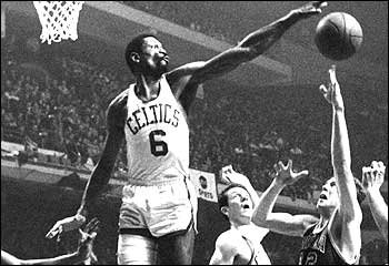 Black and white photo of legendary Boston Celtics center Bill Russell. 