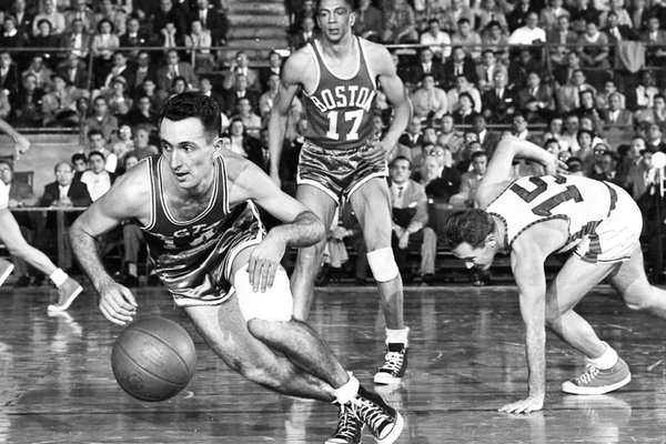 Black and white photo of legendary Boston Celtics guard Bob Cousy. 