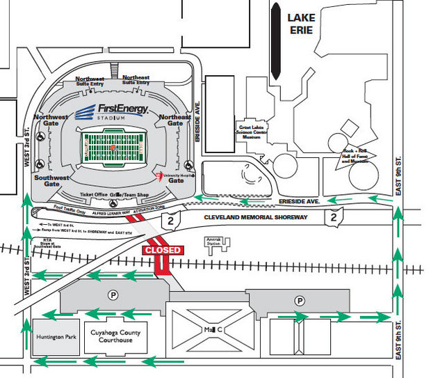 Map of FirstEnergy Stadium's parking and tailgating lots.