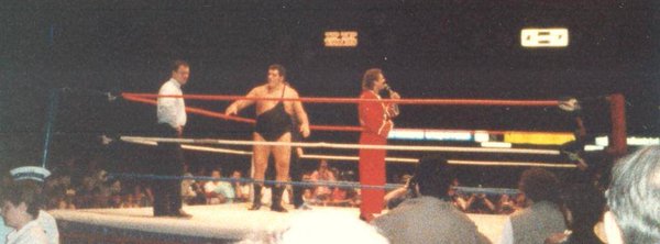 Photo of Andre the Giant and Rick Rude in 1988 at Maple Leaf Gardens.  