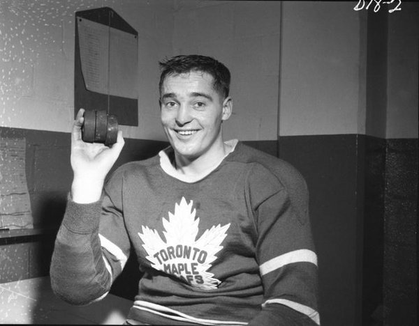 Photo of former Maple Leaf great Frank Mahovlich inside the Maple Leaf Gardens trainer's room.