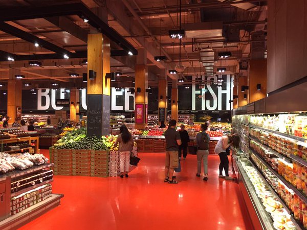 Interior photo of the Loblaws grocery store at Maple Leaf Gardens. 
