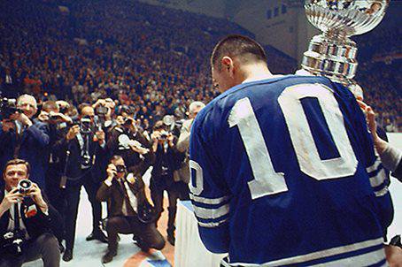 Toronto Maple Leafs hoisting the 1967 Stanley Cup.
