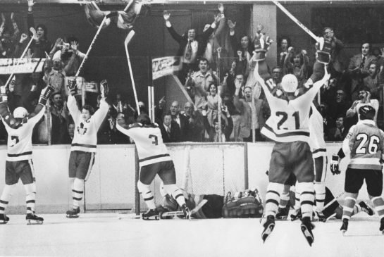 The Toronto Maple Leafs celebrating a victory vs. the Boston Bruins at Maple Leaf Gardens.