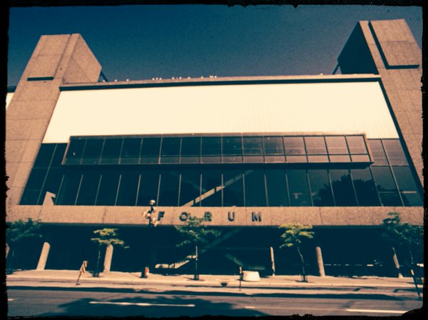 An exterior photo of Montreal Forum during the 1980's.