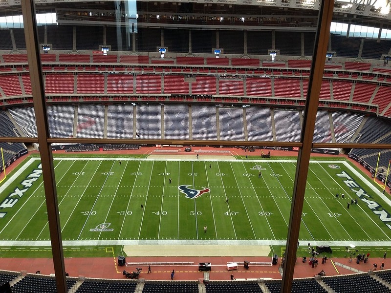 Photo of the playing field at NRG Stadium from a luxury suite. Home of the Houston Texans.
