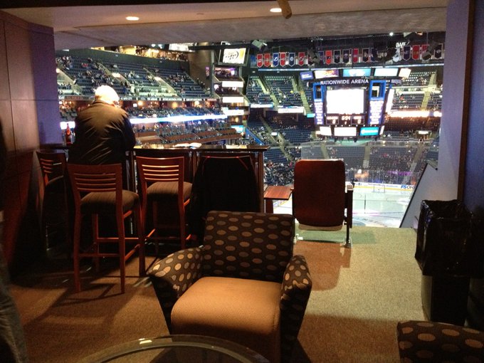 Interior photo of a suite at Nationwide Arena during a Columbus Blue Jackets game.