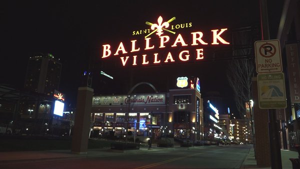 Photo of the main entrance to Ballpark Village from Clark Street.
