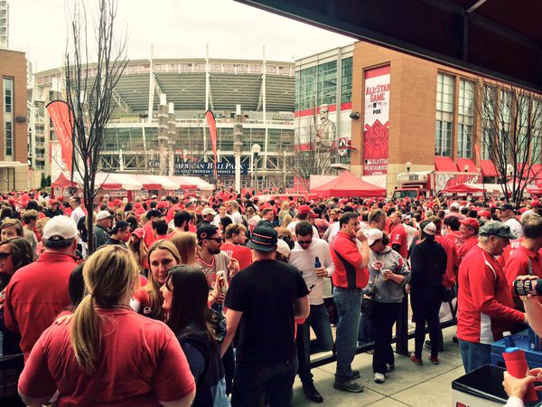 Photo of Cincinnati Reds fans on Freedom Way outside of Great American Ball Park.