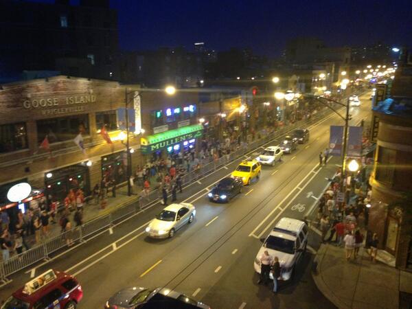 A panoramic photo of Clark Street outside of Wrigley Field.