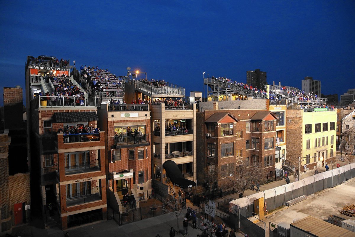 Exterior photo of the rooftop bars outside of Wrigley Field in Wrigleyville.