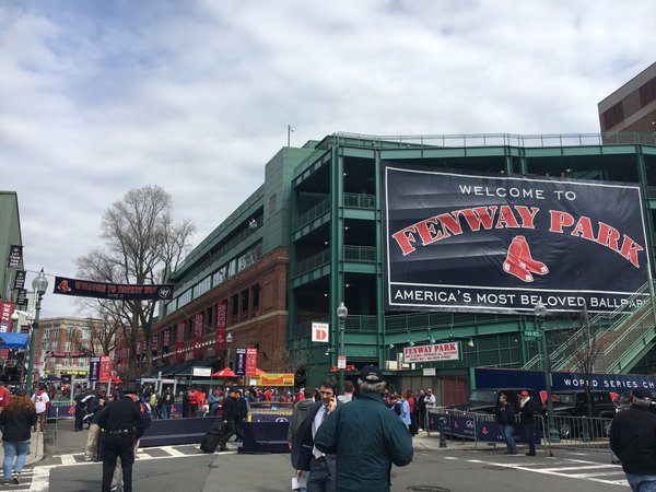 Photo of Fenway Park from the corner of Van Ness and Yawkey Way.