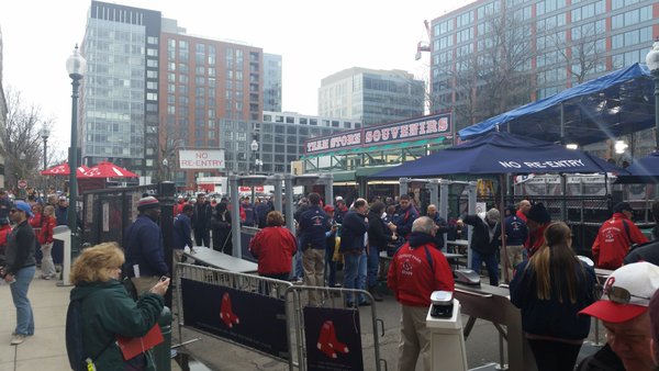 Street level view of Boston Red Sox fans on Yawkey Way.