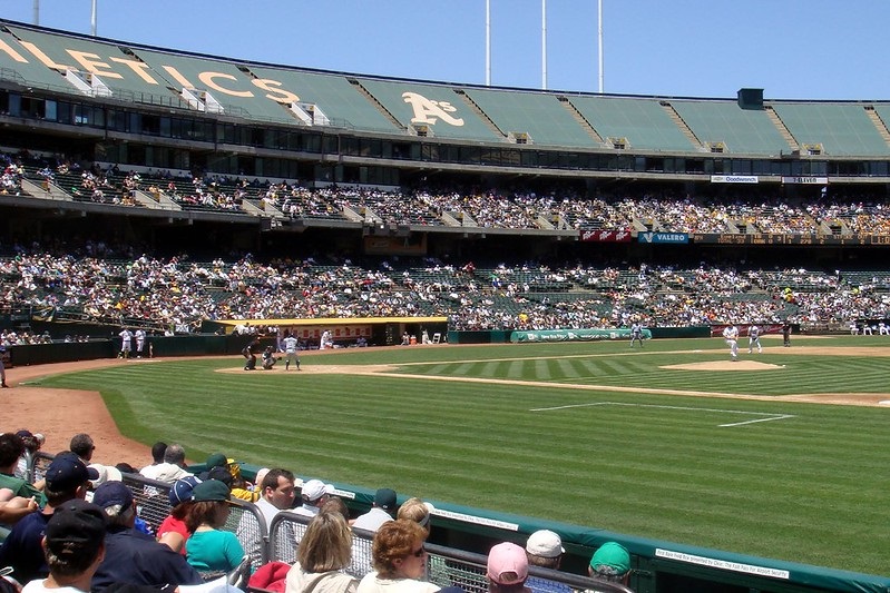 Photo taken from the field level seats at Oakland Coliseum during an Oakland Athletics home game.