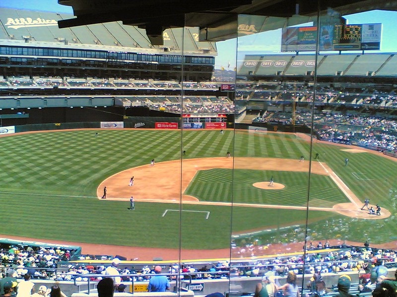 View from a luxury suite at Oakland Coliseum during an Oakland Athletics home game.