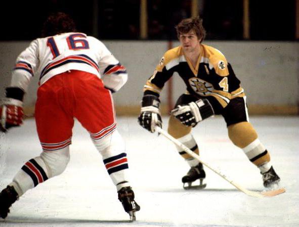 Old photo of a Boston Bruins vs. New York Rangers game.