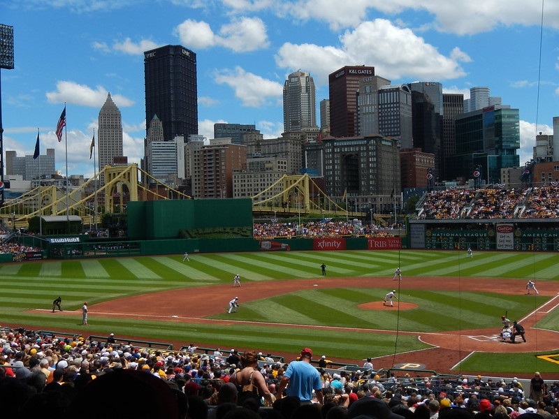 Photo taken from the field level seats at PNC Park during a Pittsburgh Pirates home game.