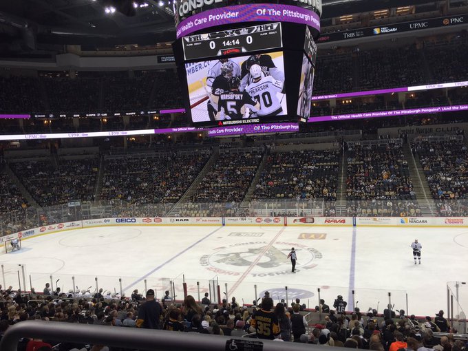 Photo taken from the lower level seats at PPG Paints Arena during a Pittsburgh Penguins game.