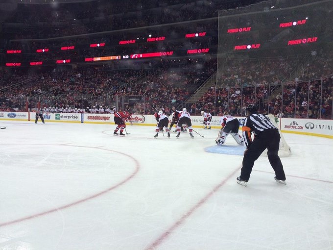 View from the glass seats at the Prudential Center during a New Jersey Devils game.