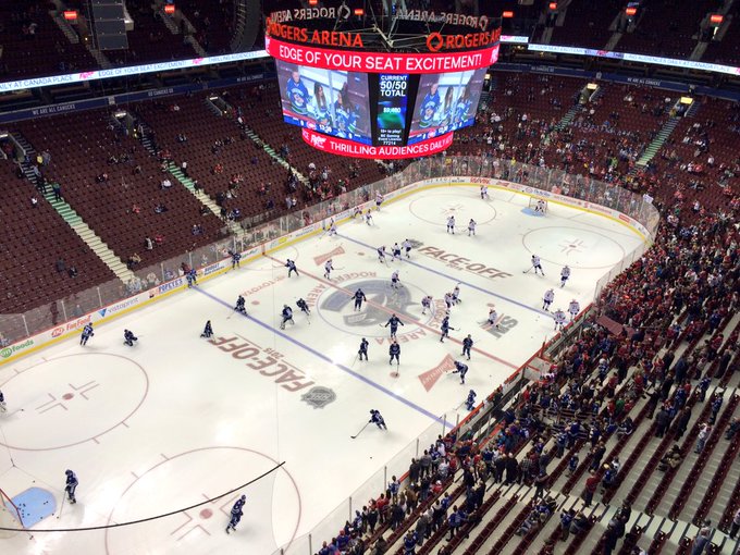 View from the balcony level seats at Rogers Arena during a Vancouver Canucks game.