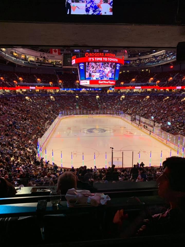 View from the Konica Minolta Champions Club at Rogers Arena during a Vancouver Canucks game.