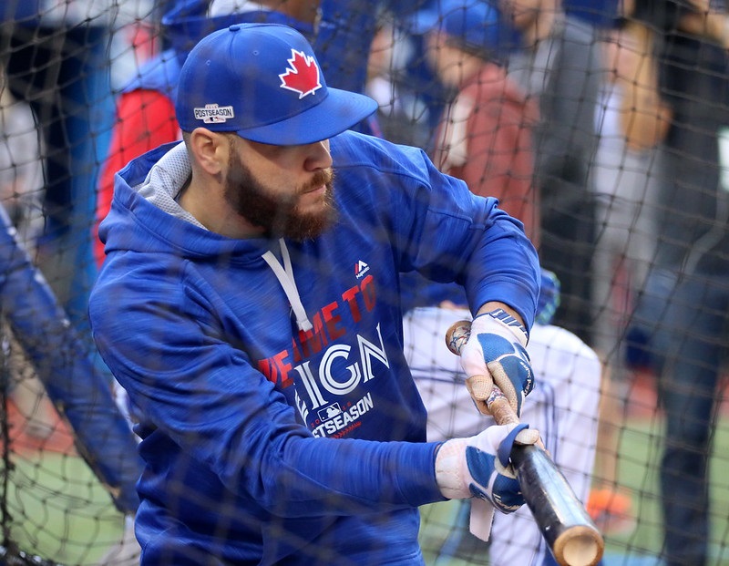 Photo of Russell Martin of the Toronto Blue Jays during batting practice at the Rogers Centre.