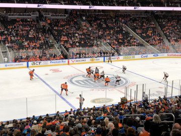 View from the lower level seats at Rogers Place during an Edmonton Oilers game.