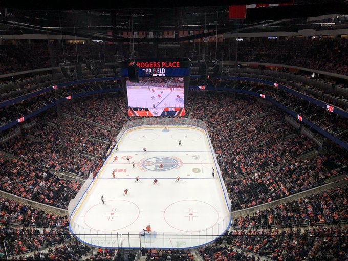 View from the Sky Lounge at Rogers Place during an Edmonton Oilers game.