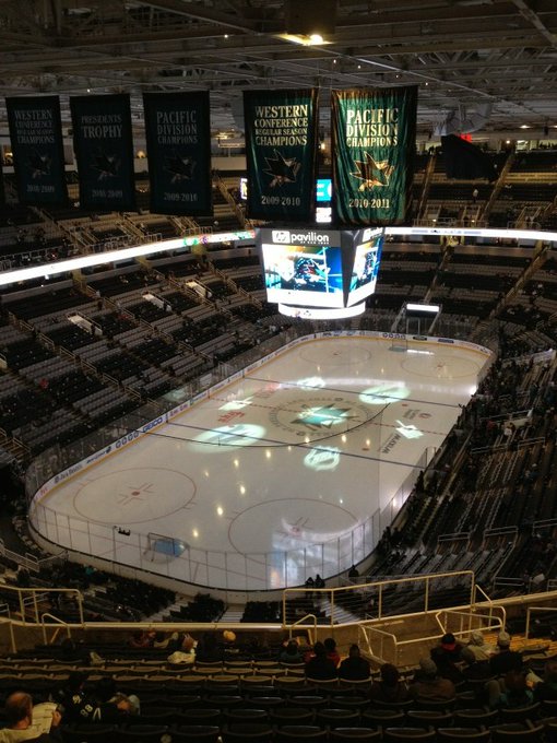 View from the upper level seats at SAP Center at San Jose before a San Jose Sharks game.