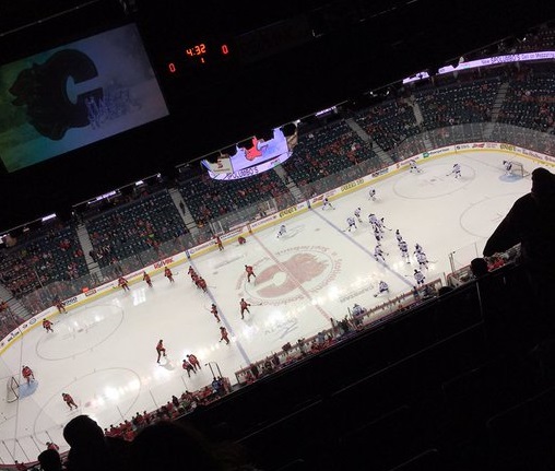 View from the press level seats at the Scotiabank Saddledome during a Calgary Flames game.