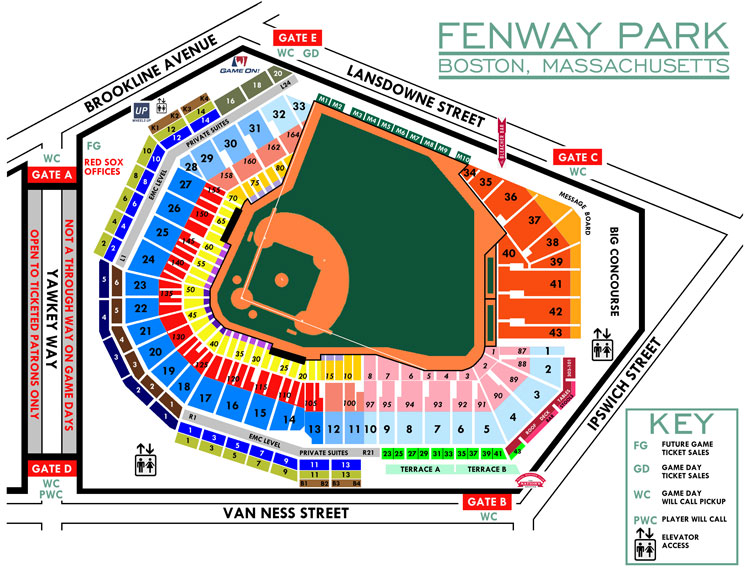 Fenway Park Seating Chart, Home of the Boston Red Sox.