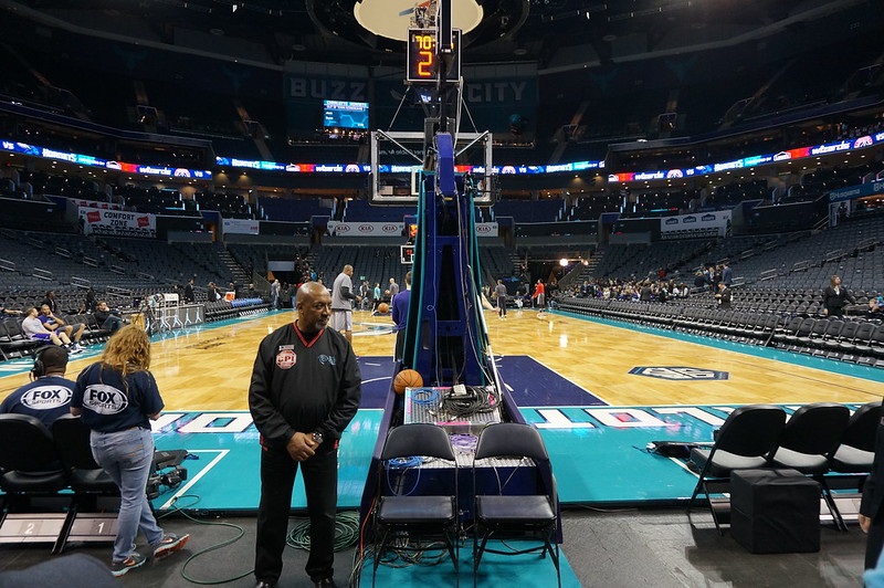 View from the courtside seats at the Spectrum Center before a Charlotte Hornets game.