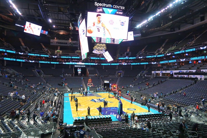 View from the lower level seats at the Spectrum Center during a Charlotte Hornets game.