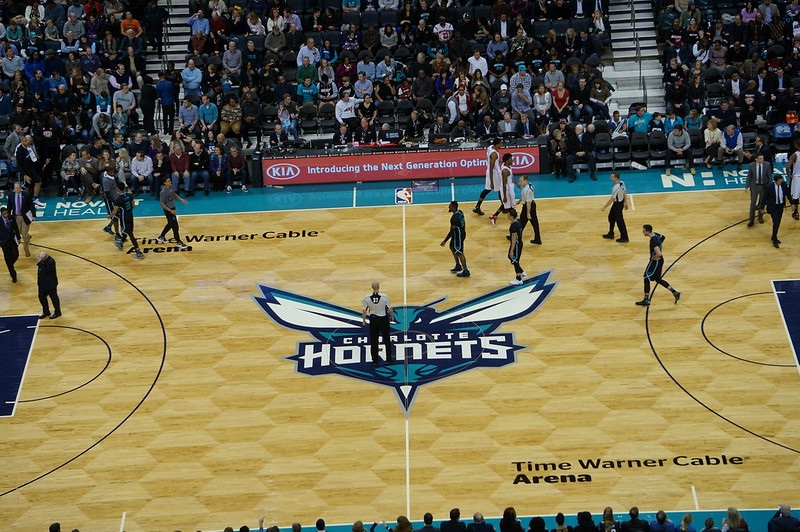 View from the upper level seats at the Spectrum Center during a Charlotte Hornets game.